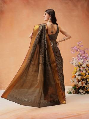 Black woven silk blend ethnic saree with blouse piece 3