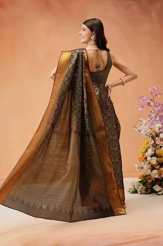 Black woven silk blend ethnic saree with blouse piece