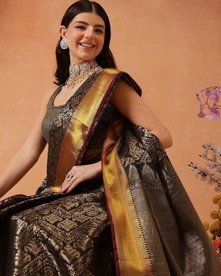 Black woven silk blend ethnic saree with blouse piece 4