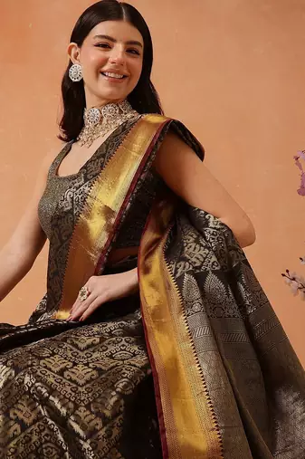 Black woven silk blend ethnic saree with blouse piece
