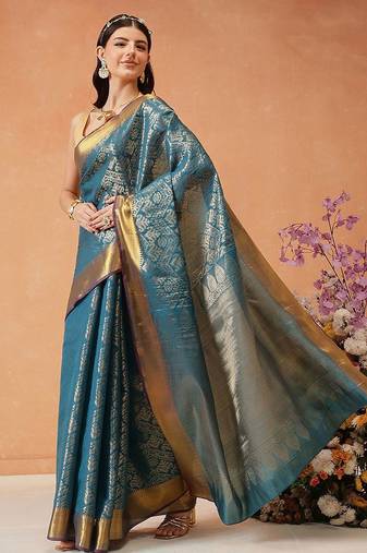 Teal woven silk blend ethnic saree with blouse piece