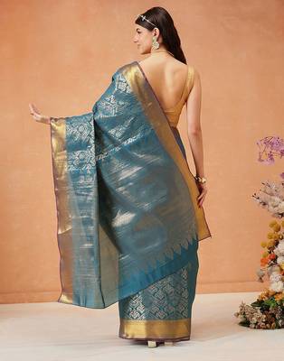 Teal woven silk blend ethnic saree with blouse piece 2