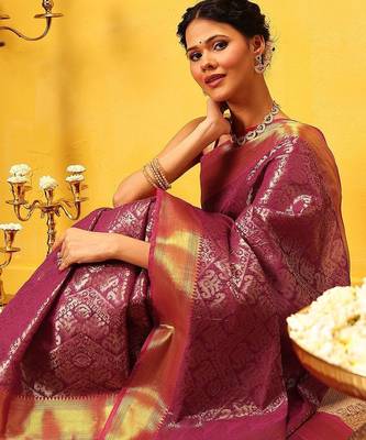 Pink woven silk blend ethnic saree with blouse piece 1