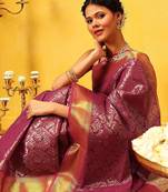 Pink woven silk blend ethnic saree with blouse piece