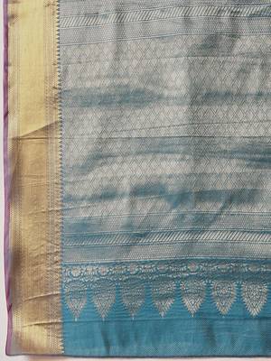 Teal woven silk blend ethnic saree with blouse piece 5