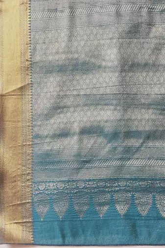 Teal woven silk blend ethnic saree with blouse piece
