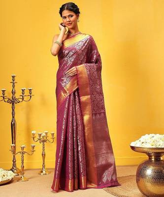 Pink woven silk blend ethnic saree with blouse piece 2