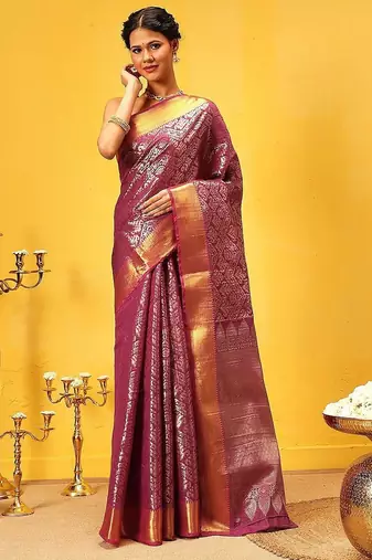 Pink woven silk blend ethnic saree with blouse piece