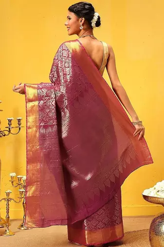 Pink woven silk blend ethnic saree with blouse piece