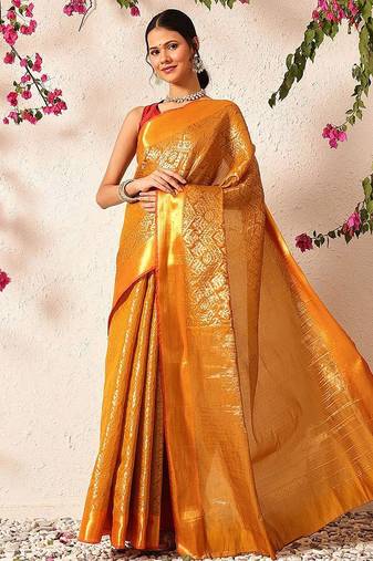 Mustard woven silk blend ethnic saree with blouse piece