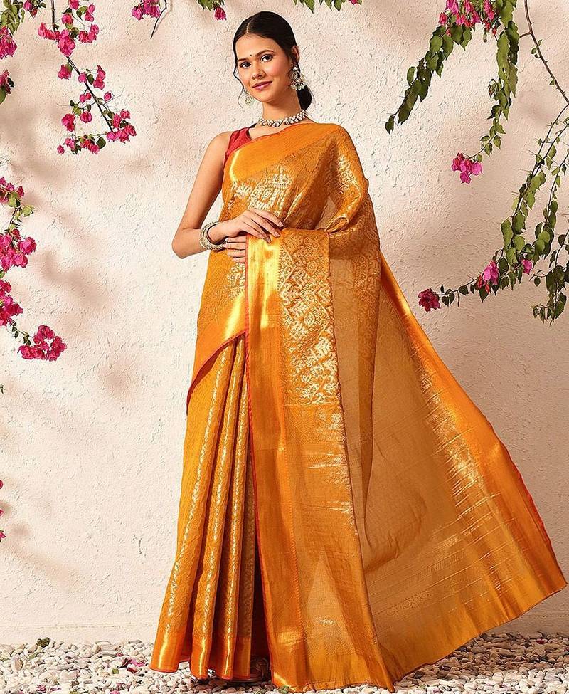 Mustard woven silk blend ethnic saree with blouse piece