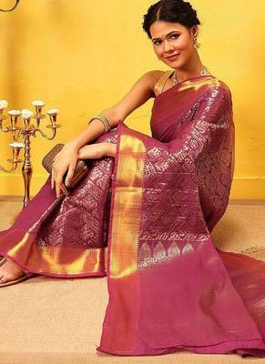 Pink woven silk blend ethnic saree with blouse piece 4
