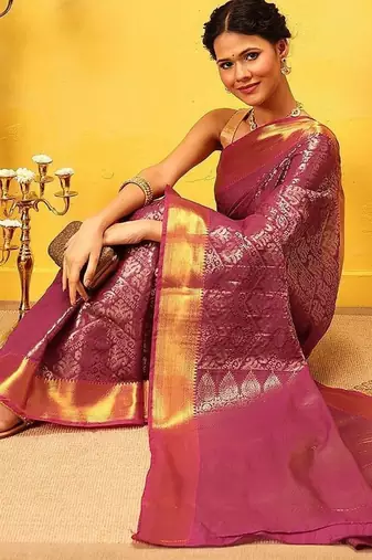 Pink woven silk blend ethnic saree with blouse piece