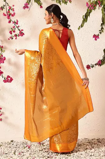 Mustard woven silk blend ethnic saree with blouse piece