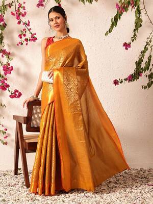 Mustard woven silk blend ethnic saree with blouse piece 3