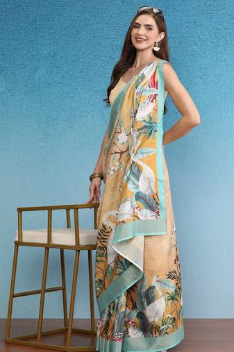 Beige printed silk blend ethnic saree with blouse piece
