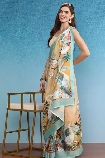 Beige printed silk blend ethnic saree with blouse piece
