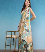 Beige printed silk blend ethnic saree with blouse piece