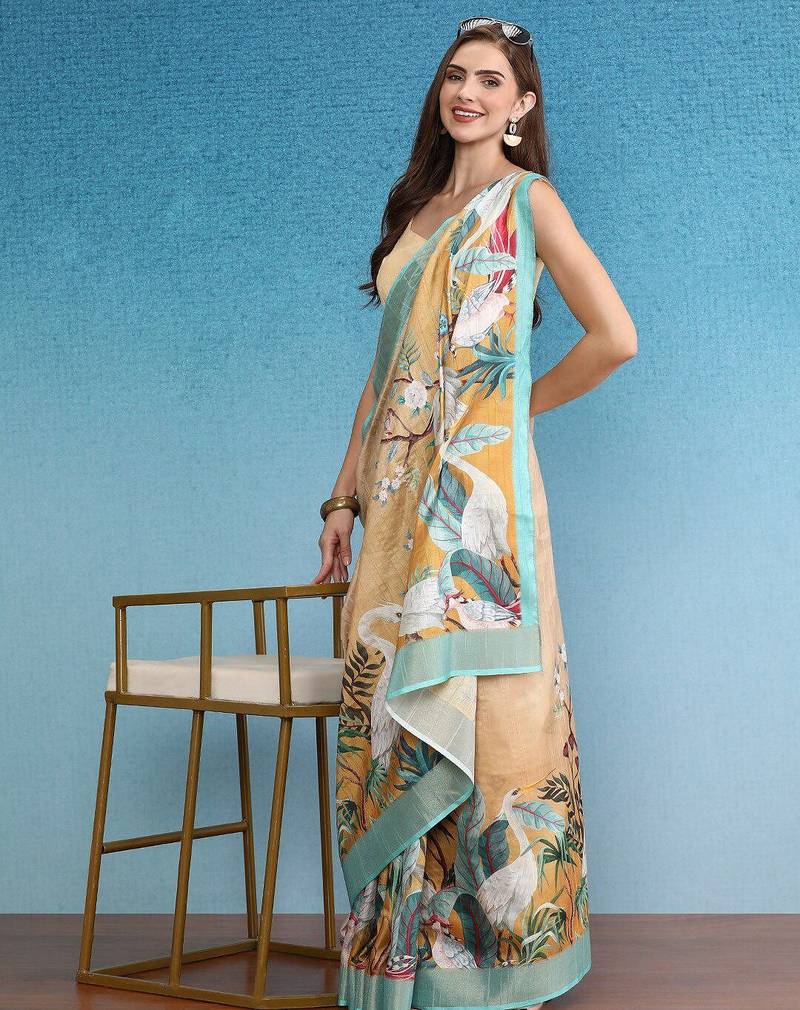 Beige printed silk blend ethnic saree with blouse piece