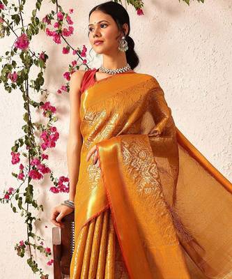 Mustard woven silk blend ethnic saree with blouse piece 4
