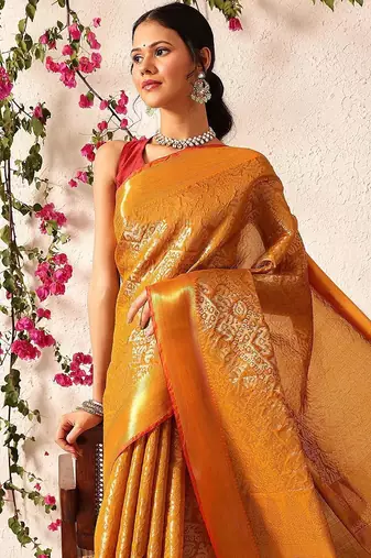 Mustard woven silk blend ethnic saree with blouse piece