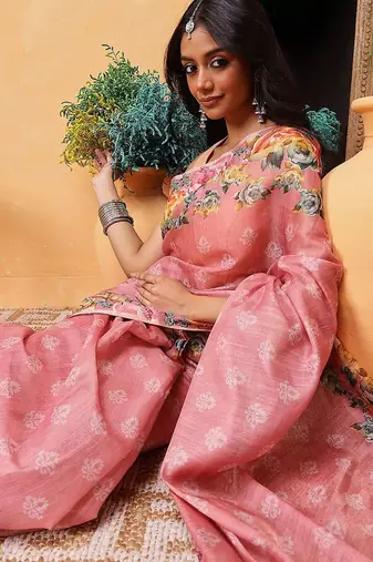 Pink printed silk cotton ethnic saree with blouse piece
