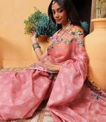 Pink printed silk cotton ethnic saree with blouse piece