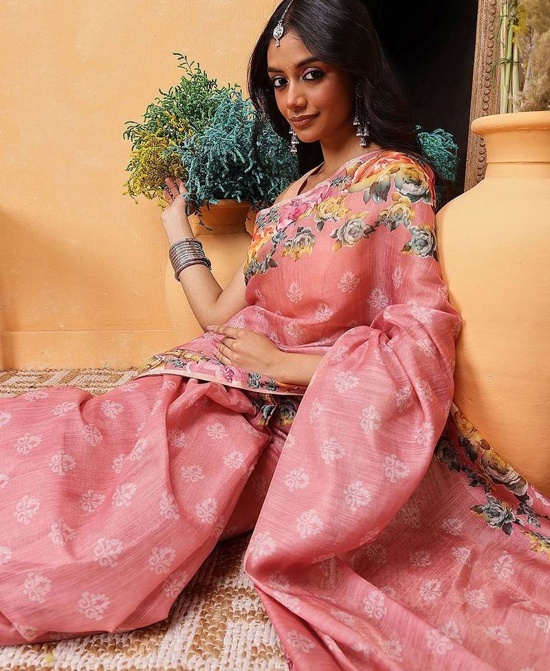 Pink printed silk cotton ethnic saree with blouse piece