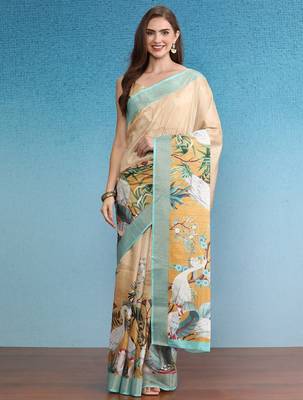 Beige printed silk blend ethnic saree with blouse piece 2