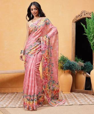 Pink printed silk cotton ethnic saree with blouse piece 2