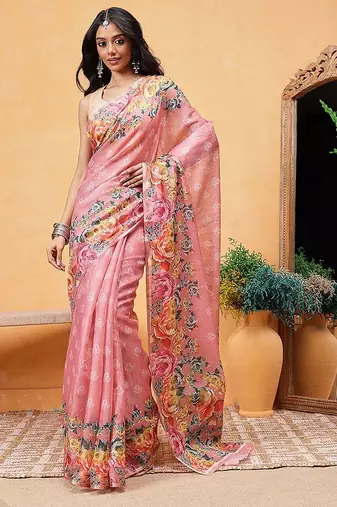 Pink printed silk cotton ethnic saree with blouse piece