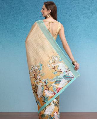 Beige printed silk blend ethnic saree with blouse piece 3