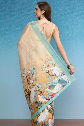 Beige printed silk blend ethnic saree with blouse piece
