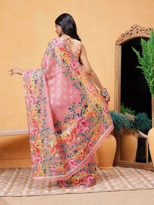 Pink printed silk cotton ethnic saree with blouse piece 3
