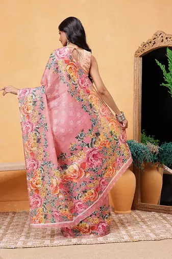 Pink printed silk cotton ethnic saree with blouse piece