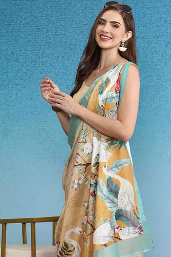 Beige printed silk blend ethnic saree with blouse piece