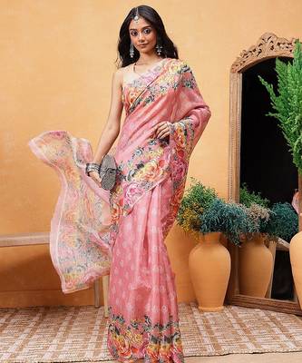 Pink printed silk cotton ethnic saree with blouse piece 4