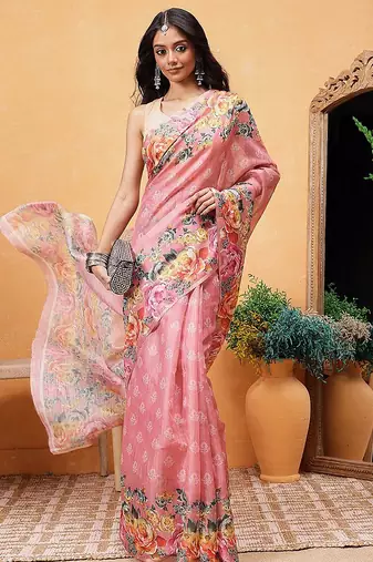 Pink printed silk cotton ethnic saree with blouse piece