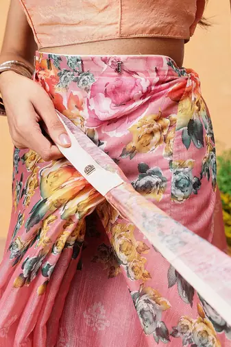 Pink printed silk cotton ethnic saree with blouse piece