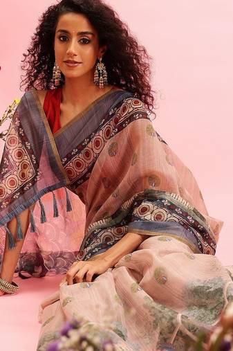 Beige printed cotton blend ethnic saree with blouse piece