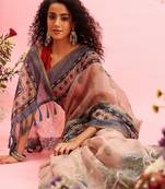 Beige printed cotton blend ethnic saree with blouse piece