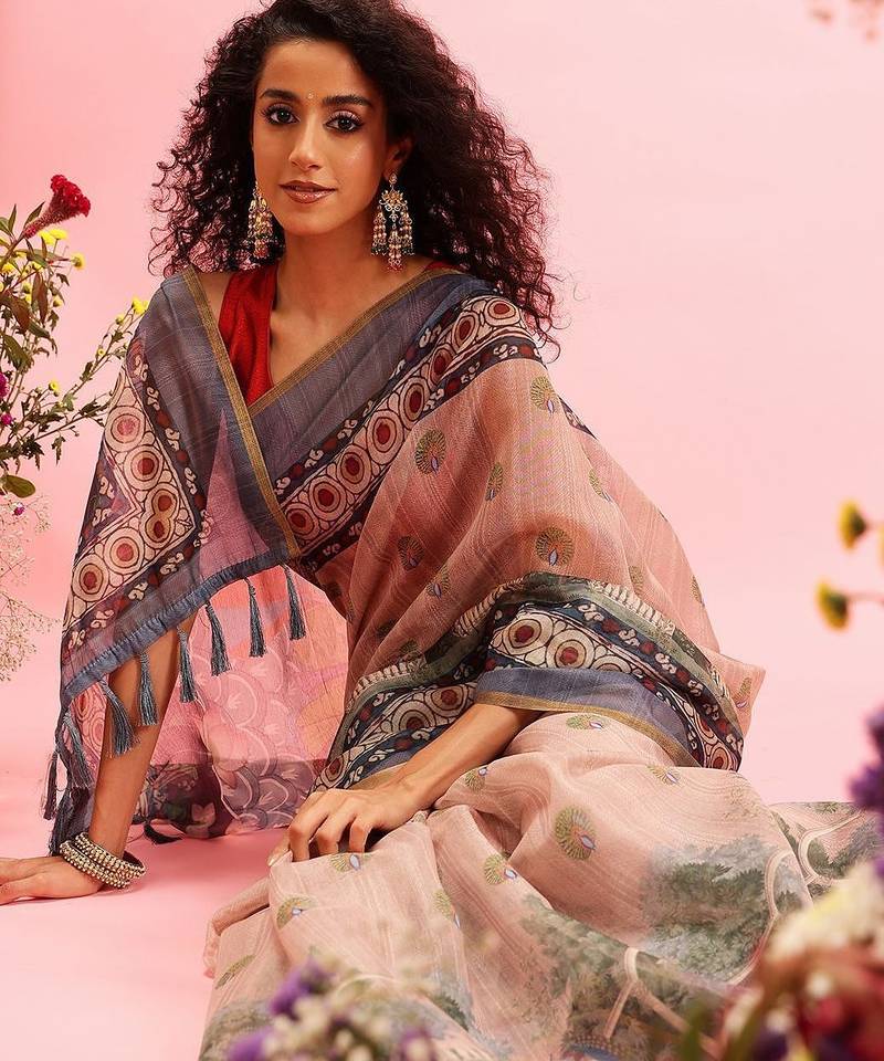 Beige printed cotton blend ethnic saree with blouse piece