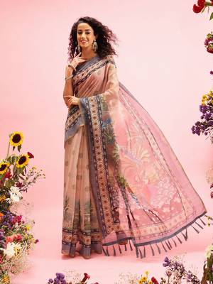 Beige printed cotton blend ethnic saree with blouse piece 2