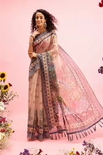 Beige printed cotton blend ethnic saree with blouse piece