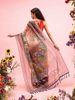 Beige printed cotton blend ethnic saree with blouse piece 3