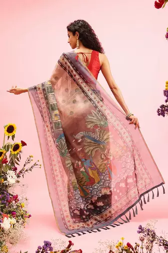 Beige printed cotton blend ethnic saree with blouse piece