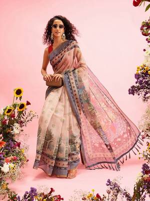 Beige printed cotton blend ethnic saree with blouse piece 4
