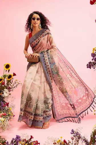 Beige printed cotton blend ethnic saree with blouse piece