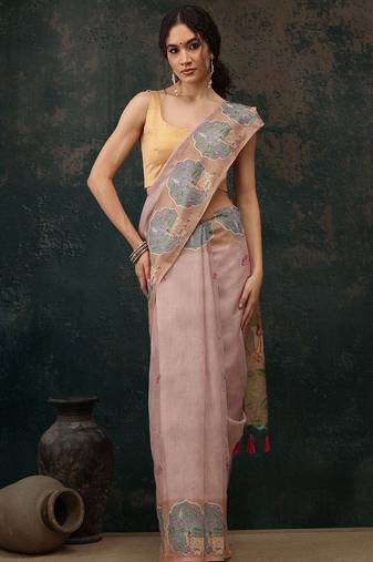 Beige printed cotton blend ethnic saree with blouse piece