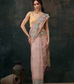 Beige printed cotton blend ethnic saree with blouse piece